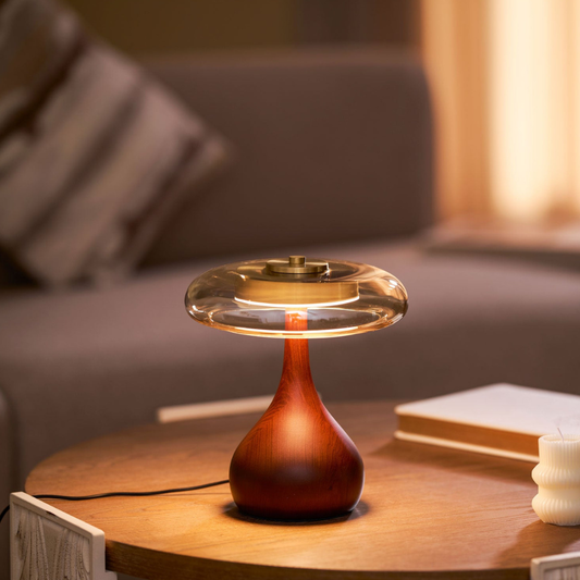 Mid-Century Modern Amber Glass and Walnut Wood LED Mushroom Table Lamp