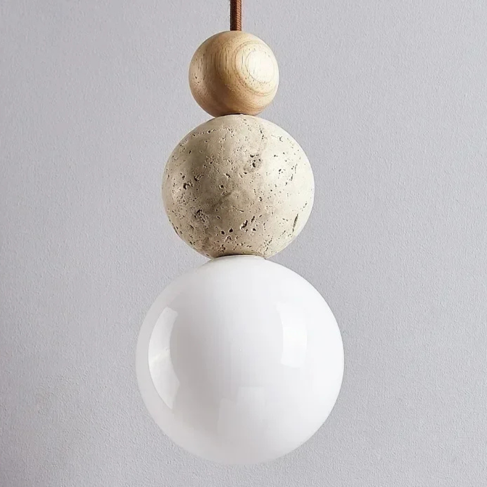 Wabi-Sabi Stacked Sphere Pendant Light - Travertine Stone, Wood, and Glass