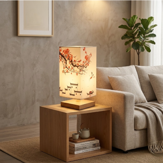 Asian-Inspired Fabric Box Light with Wood Base - Artistic Floral Accent Lamp