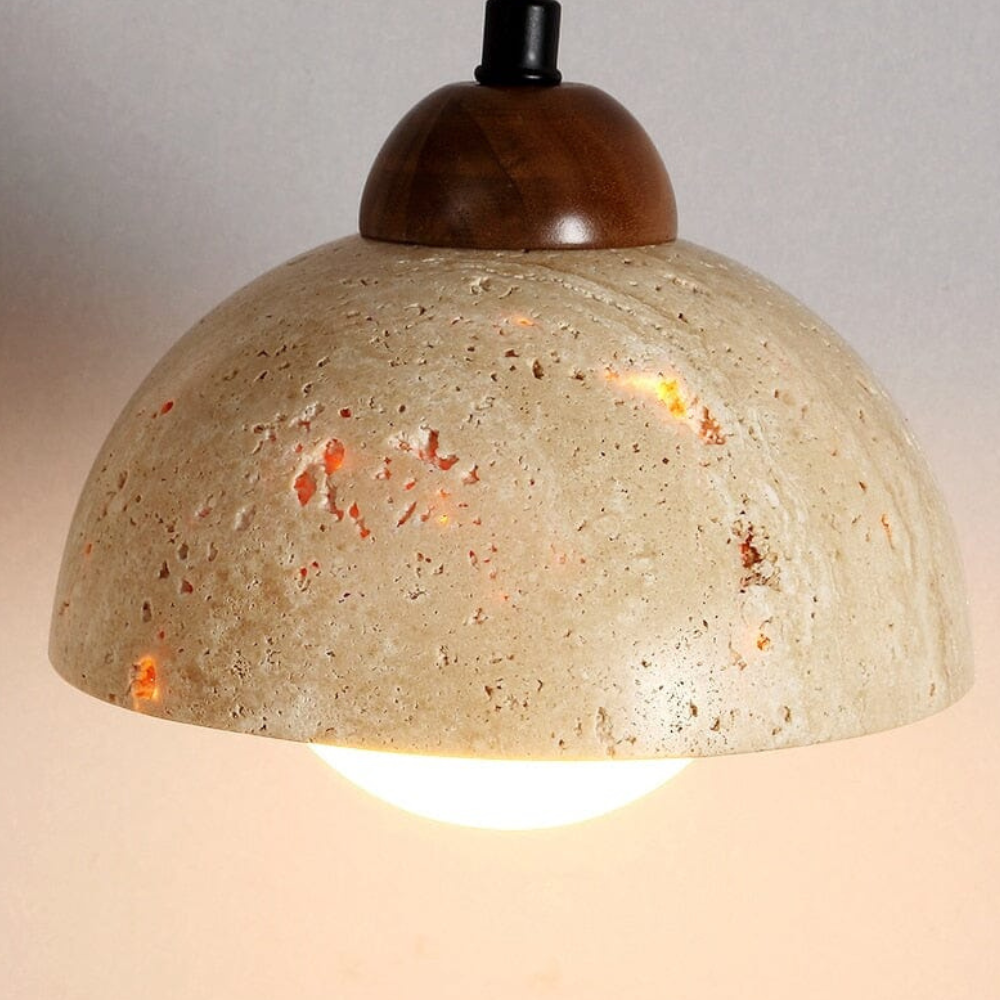 Wabi-Sabi Travertine Style Pendant Light with Solid Wood - Modern Earthy Decor