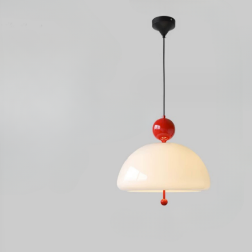 Glass Pendant Light with Domed Shade and Orb Accent - Mid Century Style
