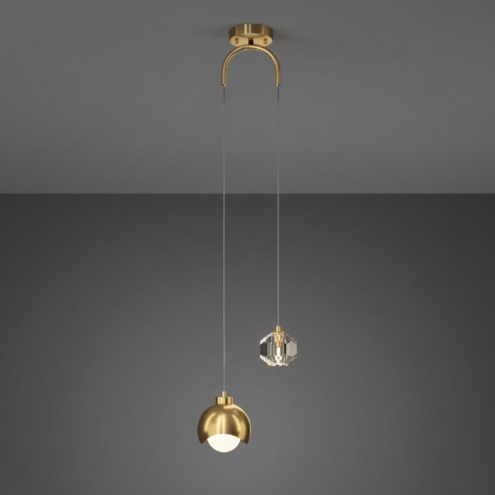 Dual Staggered Pendant Light with Crystal and Metal Orbs - Modern Nordic Art