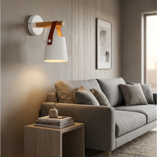Nordic Leather Strap Wall Sconce with Wood Arm - Modern Conical Hanging Light