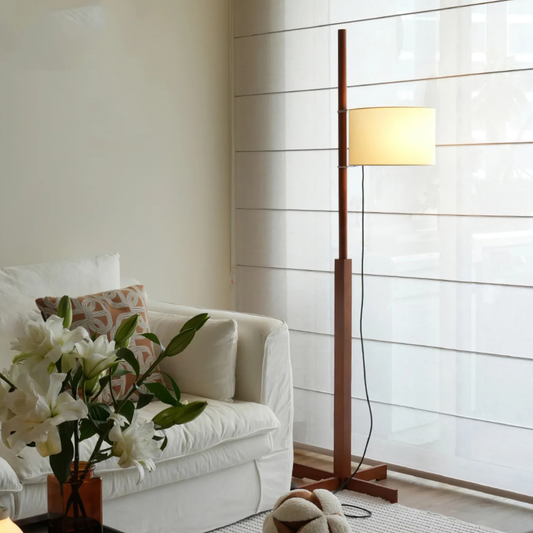 Vintage floor lamp with Fabric Shade and Artisanal Wooden Pole - Contemporary Sconce