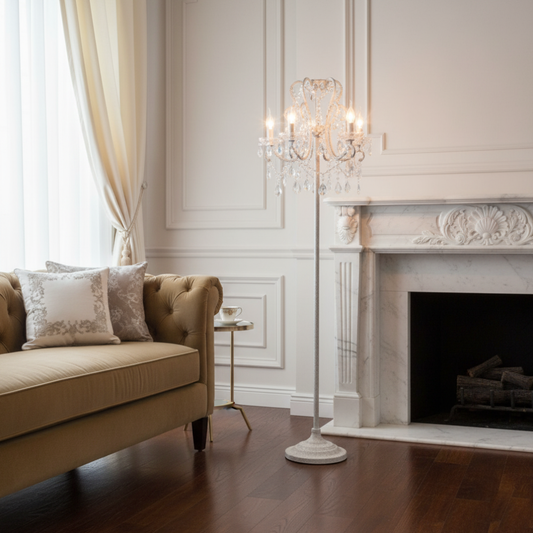 Dimmable Floor Lamp with Ornate Iron Scrollwork and Faceted Crystal Strands