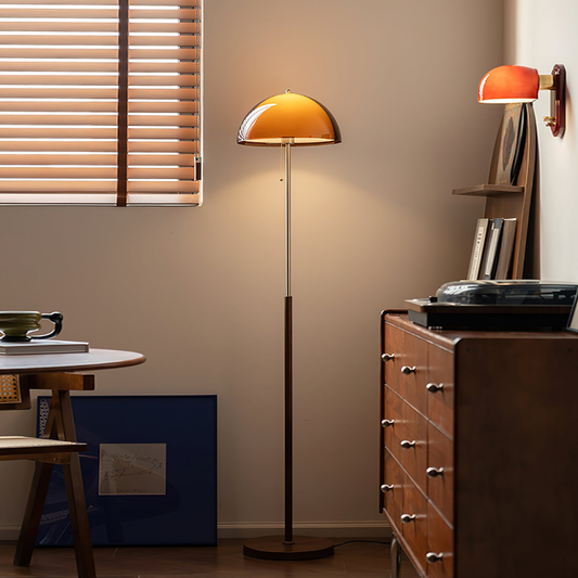 Torchiere Floor Lamp with Bi-Material Metal and Wood Stem with Acrylic Dome Shade