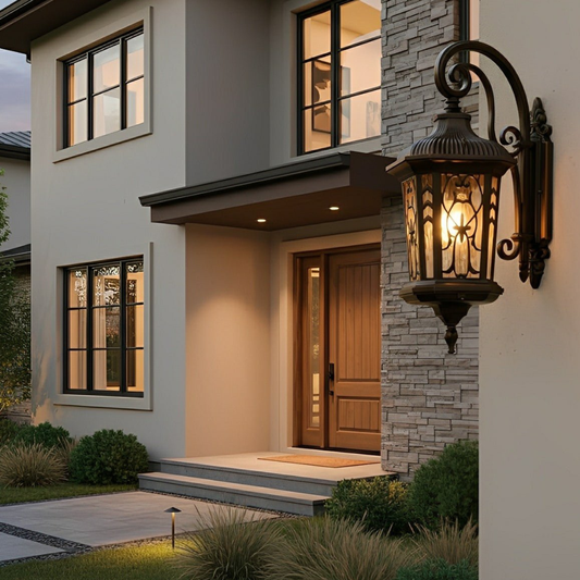 LED Porch Lantern with Scrollwork Frame and Textured Glass - Vintage Style