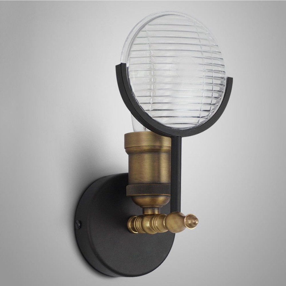 Industrial Wall Sconce with Fresnel Glass Lens - Vintage Ribbed Brass