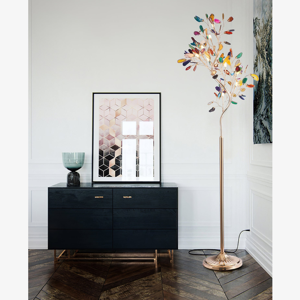 Floor Lamp with Natural Agate Stone Leaves and Metal Branching Frame