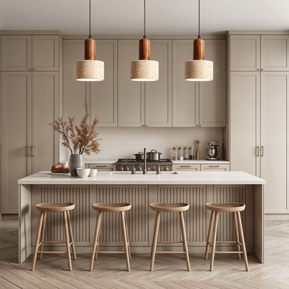 Wabi-Sabi Travertine Style Pendant Light with Solid Wood - Modern Earthy Decor
