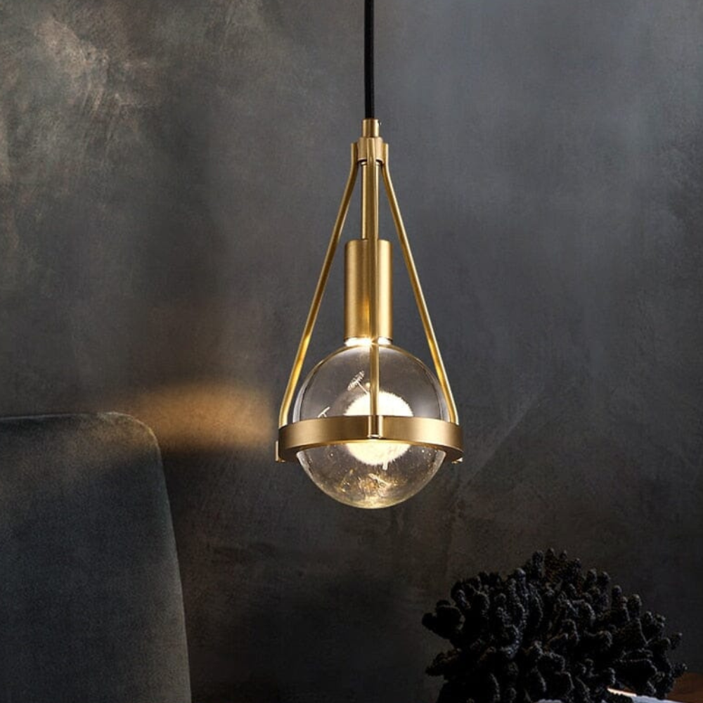 Dandelion Glass Globe Pendant Light with Triangular Brass Frame