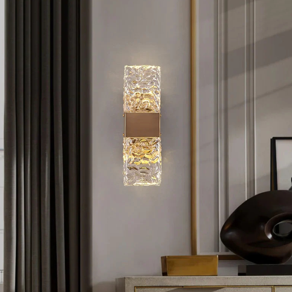 Art Deco Ripple Glass Wall Sconce - Dual Ice Crystal Block Light