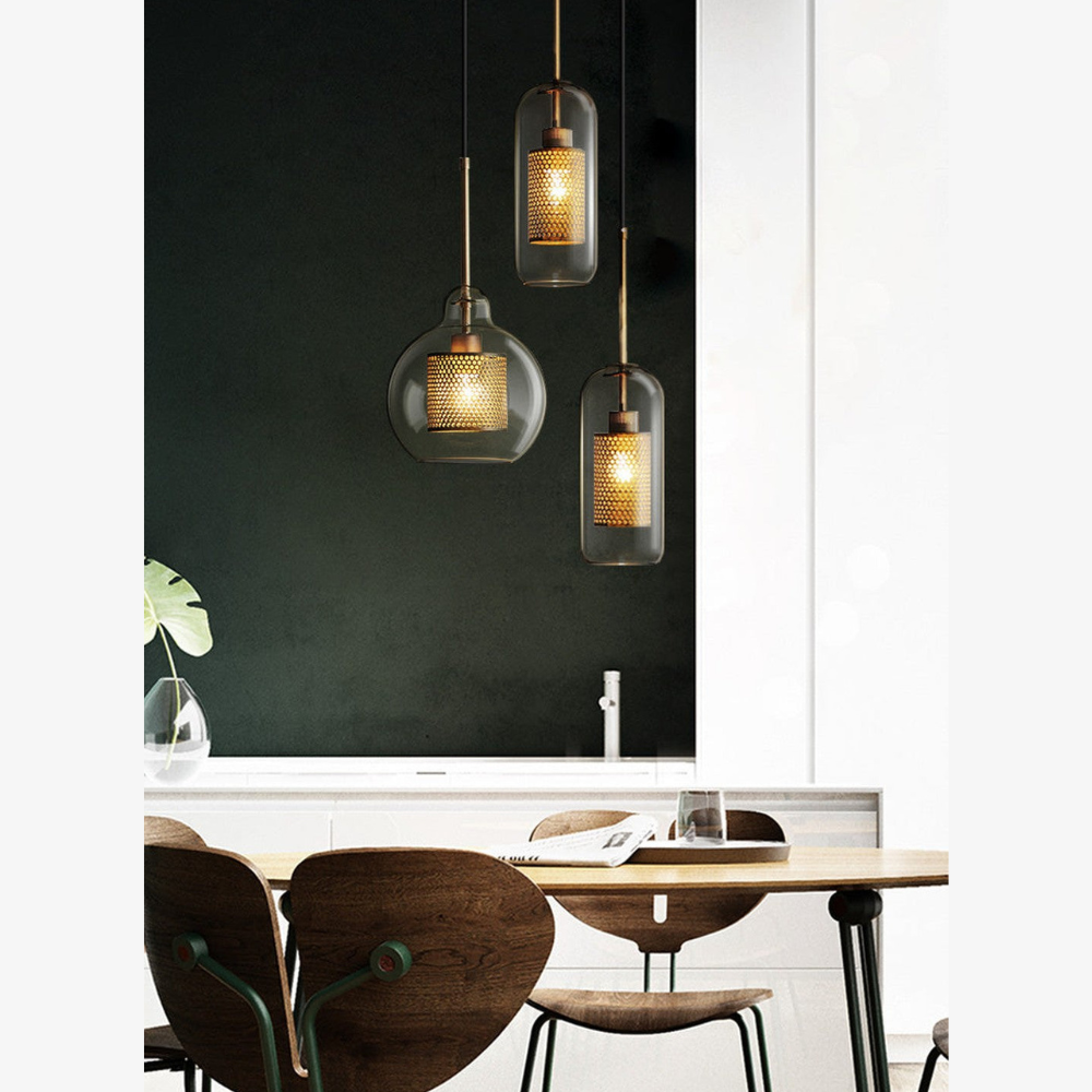 Modern Perforated Metal Glass Pendant - Industrial Layered Mesh Hanging Lamp