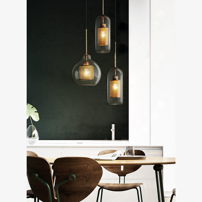 Modern Perforated Metal Glass Pendant - Industrial Layered Mesh Hanging Lamp