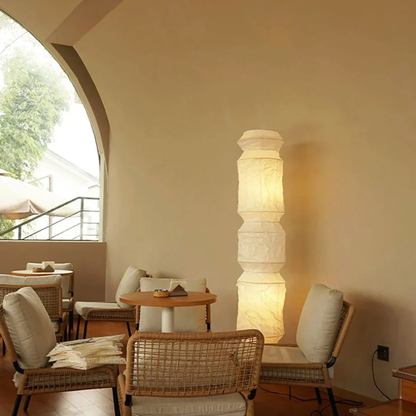 Floor Lamp with Stacked Mulberry Paper Lantern Column and Iron Wire Legs