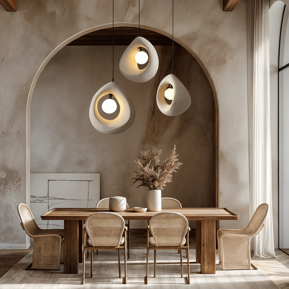 Hollow Stone-Style Hanging Lamp with Glowing Orb - Nordic Earthy Decor