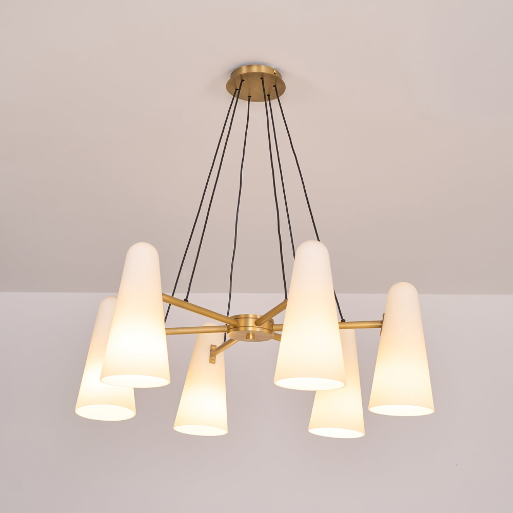 Chandelier with Conical Glass Shades and Metallic Frame - Modern Mid Century