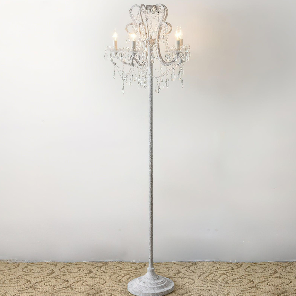 Dimmable Floor Lamp with Ornate Iron Scrollwork and Faceted Crystal Strands