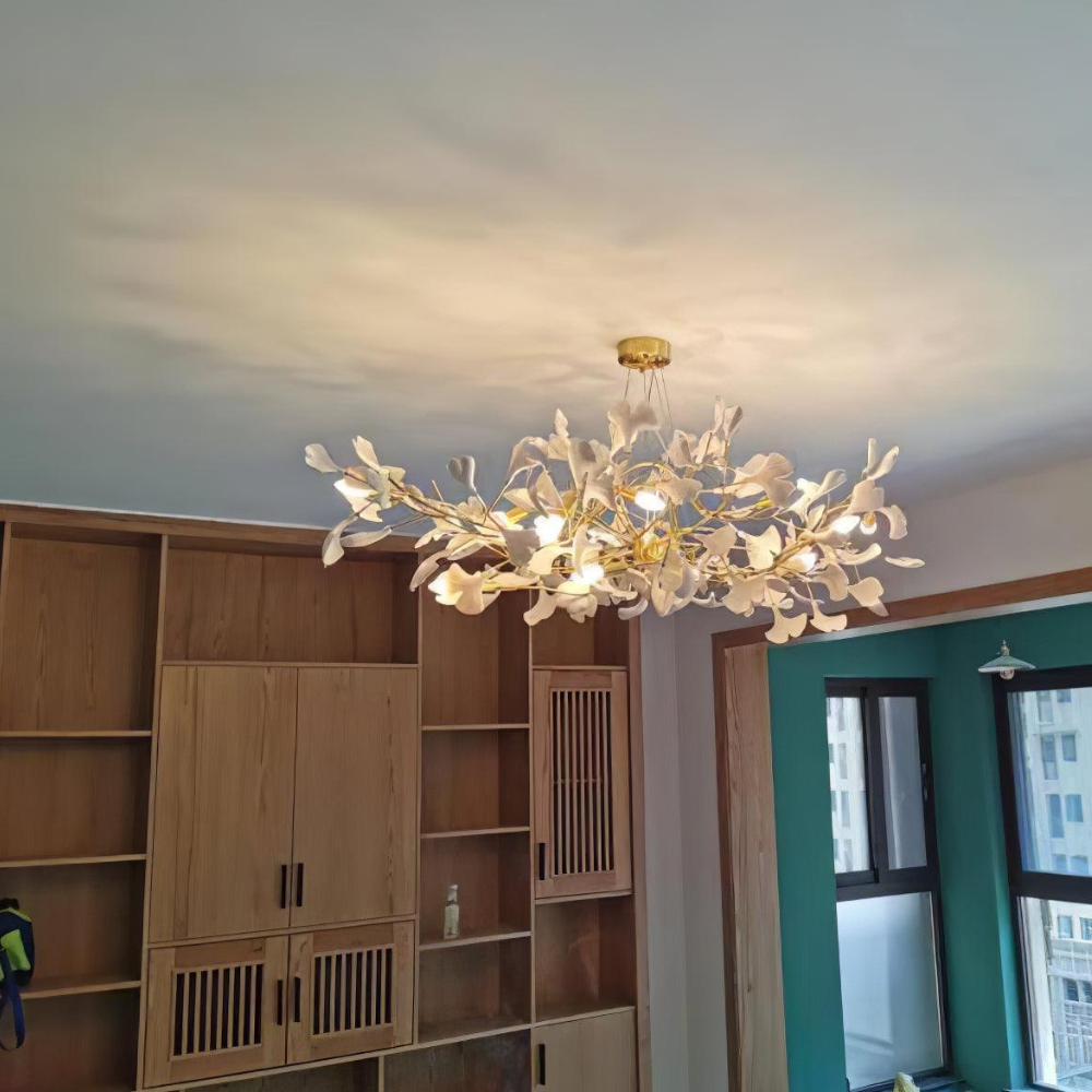 Sputnik Chandelier with Ceramic Ginkgo Leaves - Modern Art Deco