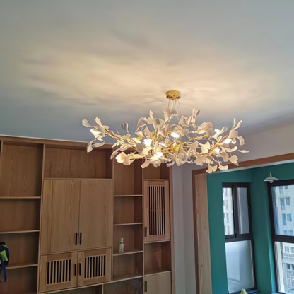 Sputnik Chandelier with Ceramic Ginkgo Leaves - Modern Art Deco