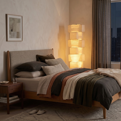 Floor Lamp with Stacked Staggered Rice Paper Lanterns and Metal Hairpin Legs