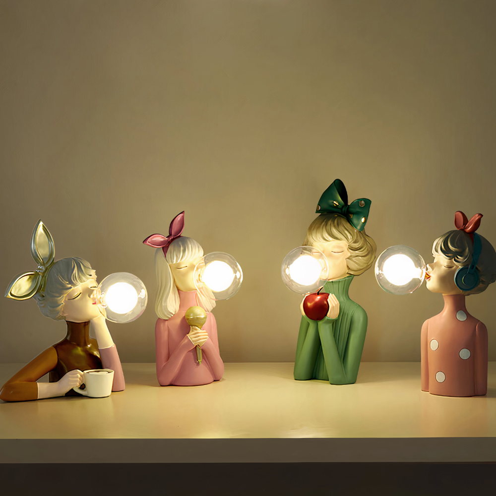 Girl Figurine Lamp with Glass Bubble Orb - Whimsical Pop Art Decor