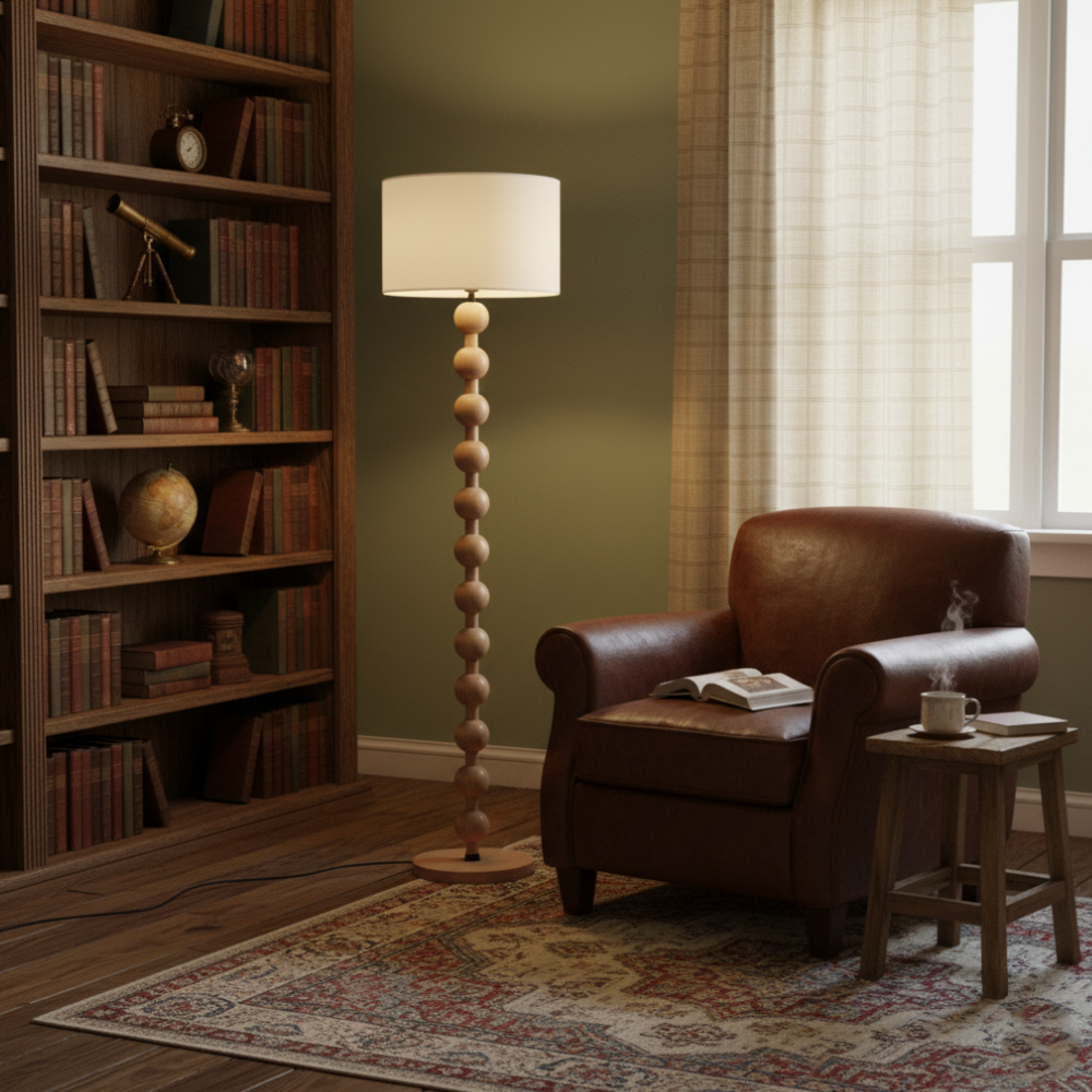 Floor Lamp with Stacked Wooden Spheres and Fabric Drum Shade