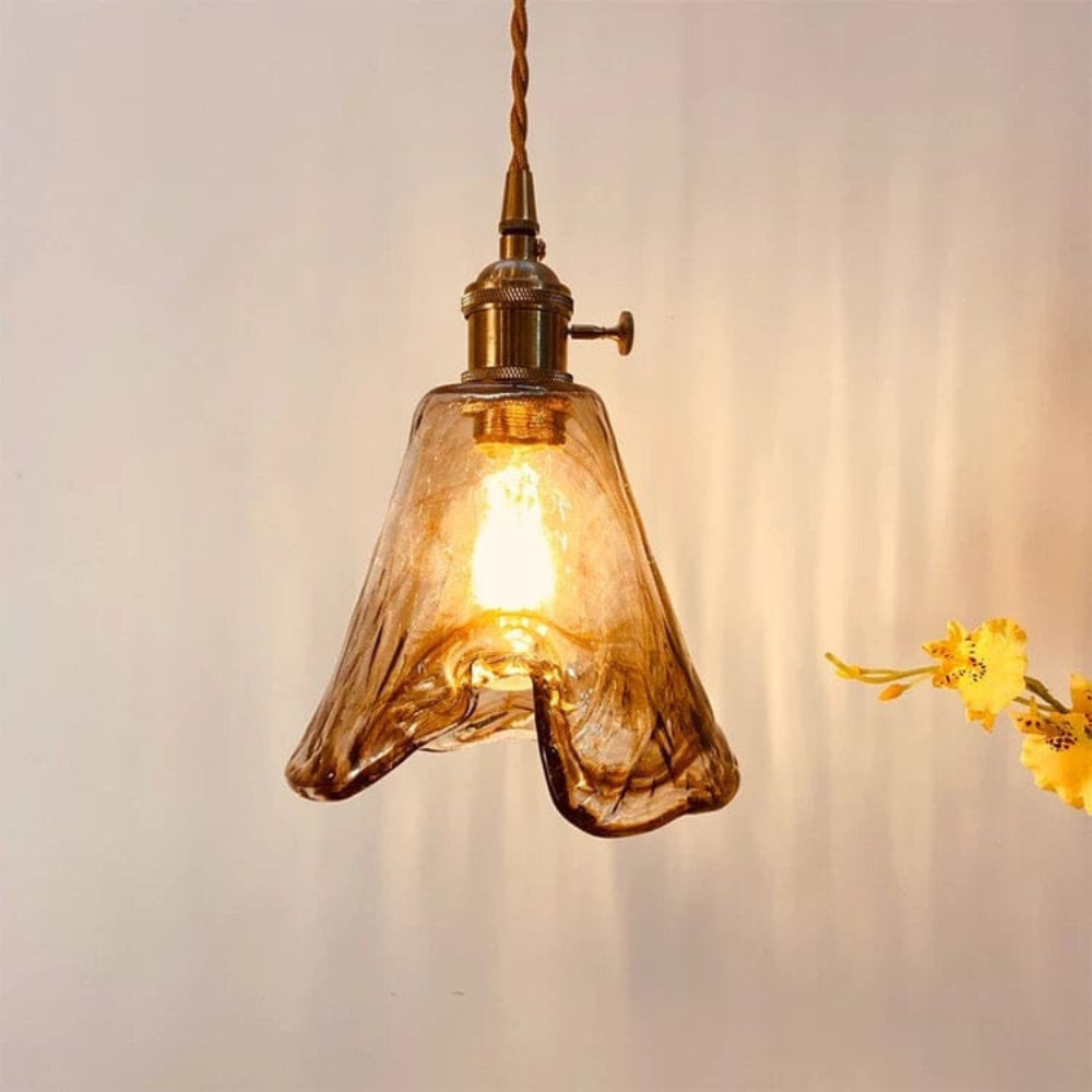 Hammered Glass Pendant Light with Rippled Texture - Vintage Brass Style