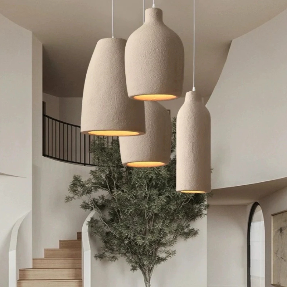 Pendant Light Fixture with Textured Stone Finish - Wabi Sabi Japandi