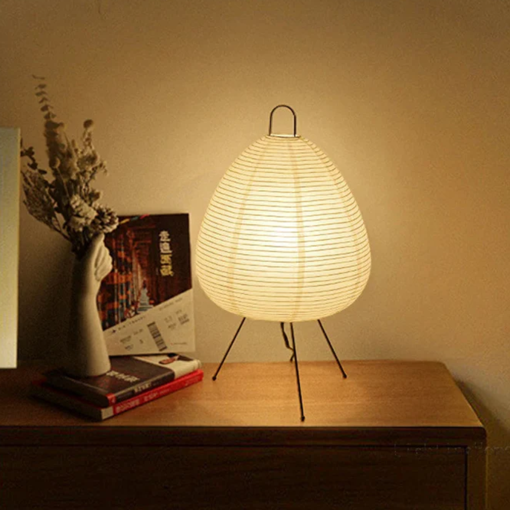Paper Lantern Table Lamp with Tripod Metal Base - Mid Century Japanese