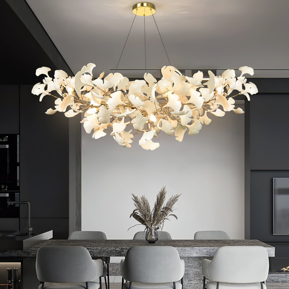 Sputnik Chandelier with Ceramic Ginkgo Leaves - Modern Art Deco
