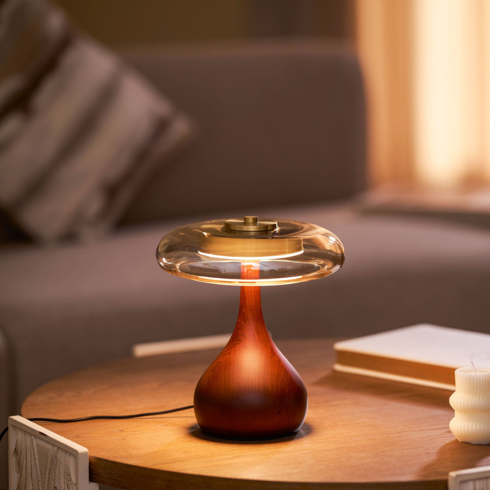 Mid-Century Modern Amber Glass and Walnut Wood LED Mushroom Table Lamp