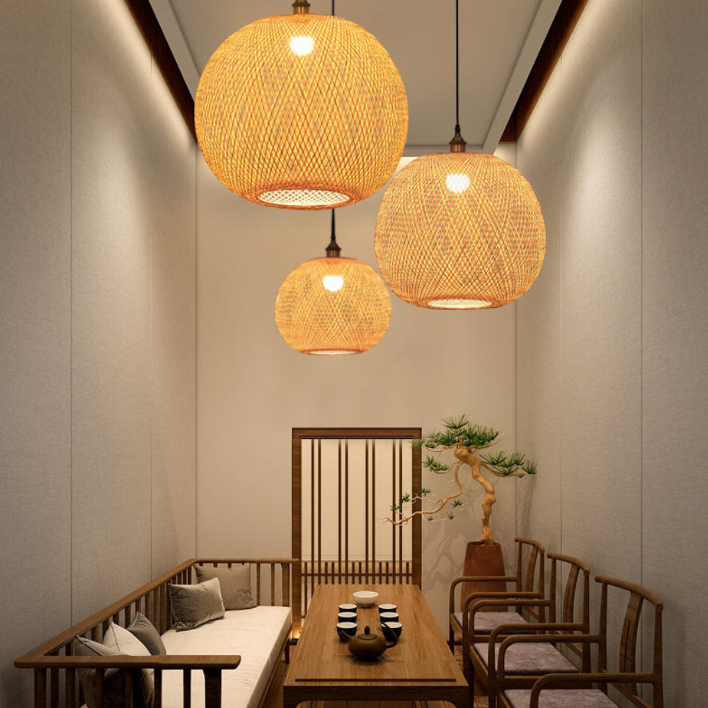 Hand-Woven Bamboo Sphere Pendant - Modern Lattice Hanging Lamp