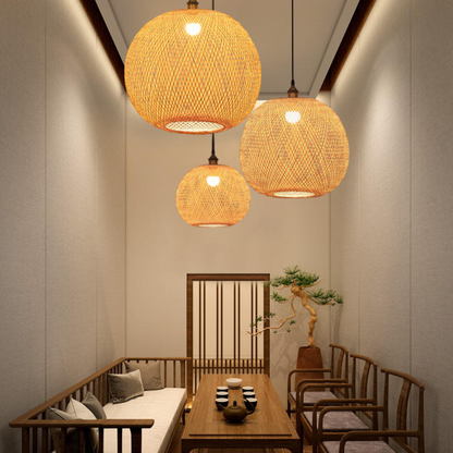 Hand-Woven Bamboo Sphere Pendant - Modern Lattice Hanging Lamp