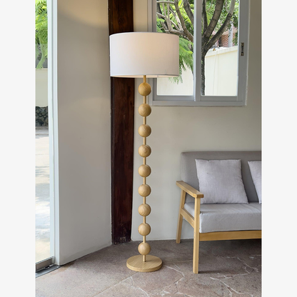 Floor Lamp with Stacked Wooden Spheres and Fabric Drum Shade