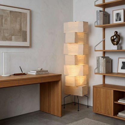 Floor Lamp with Stacked Staggered Rice Paper Lanterns and Metal Hairpin Legs