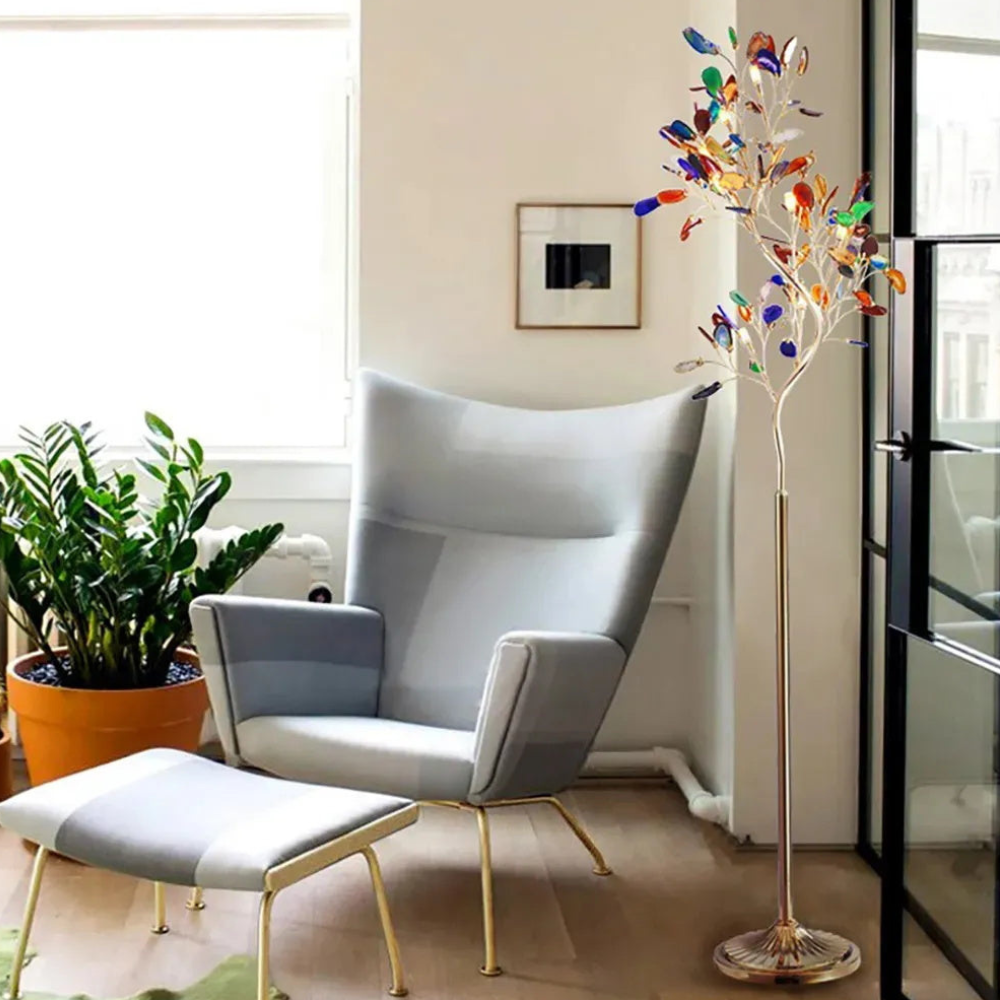 Floor Lamp with Natural Agate Stone Leaves and Metal Branching Frame
