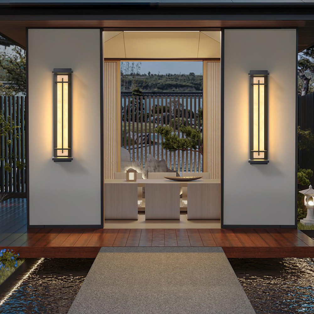 Outdoor LED Porch Lights with Faux Alabaster Column - Modern Mission