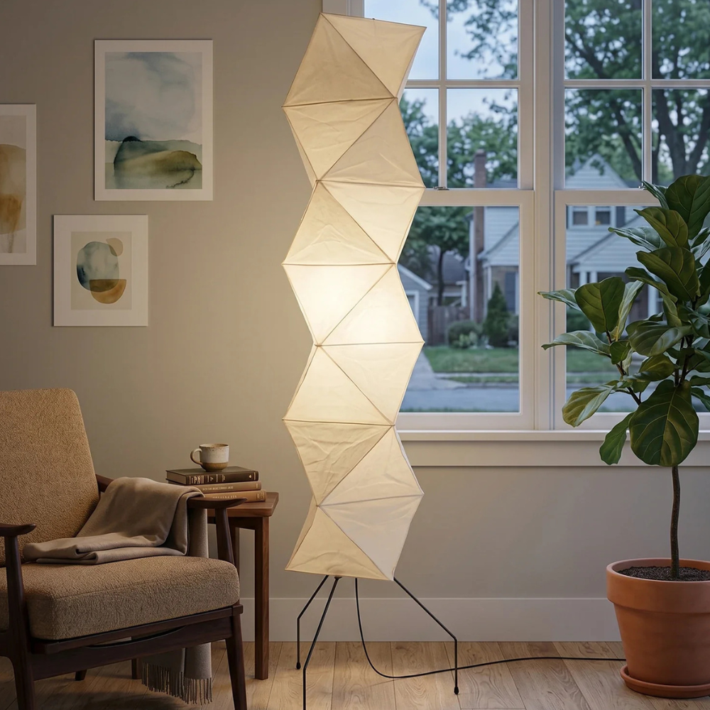 led floor lamp with Origami Rice Paper Shade - Japandi Sculptural Style