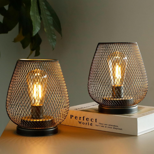 Cordless Iron Mesh Lamp Set for Bedside or Patio