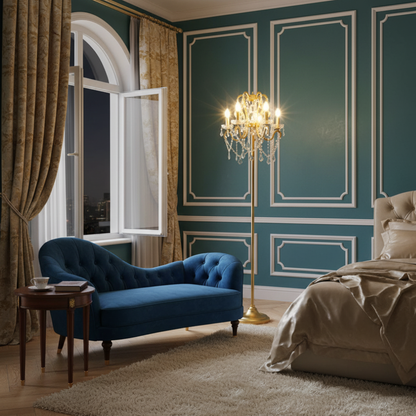Dimmable Floor Lamp with Ornate Iron Scrollwork and Faceted Crystal Strands
