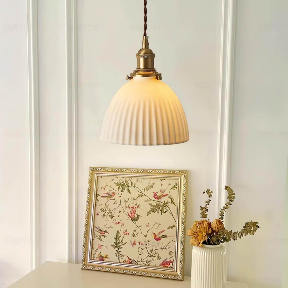 Ribbed Dome Hanging Lamp in White Ceramic - Scandinavian Style Decor