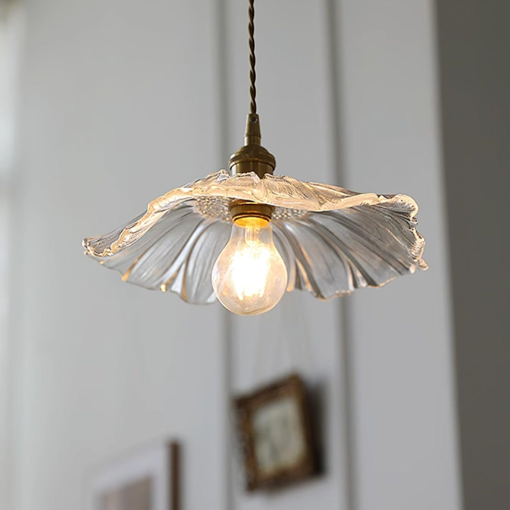 Ribbed Glass Flower Petal Pendant Light with Copper Hardware – Vintage Mid Century Style
