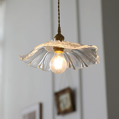 Ribbed Glass Flower Petal Pendant Light with Copper Hardware – Vintage Mid Century Style