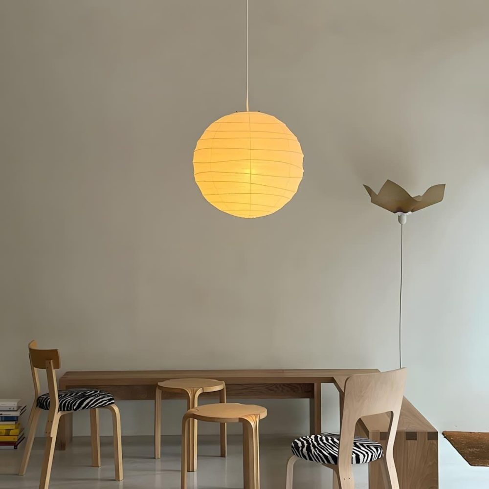 Spherical Ribbed Paper Hanging Fixture - Mid Century Modern Zen Style