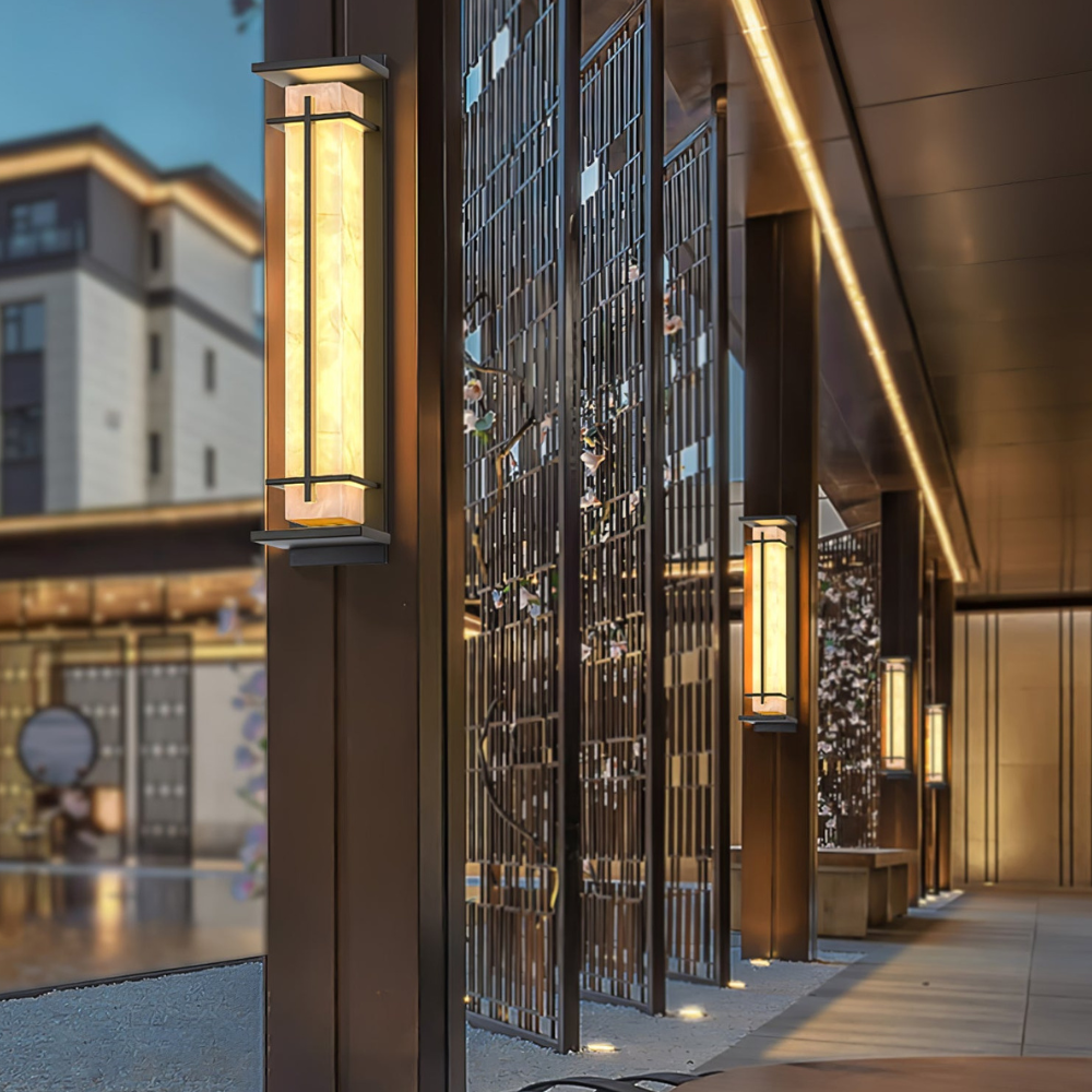 Outdoor LED Porch Lights with Faux Alabaster Column - Modern Mission