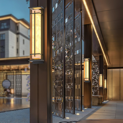 Outdoor LED Porch Lights with Faux Alabaster Column - Modern Mission
