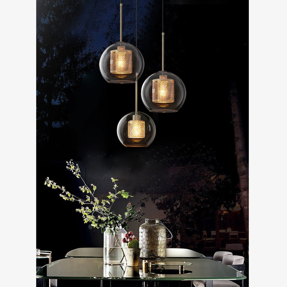 Modern Perforated Metal Glass Pendant - Industrial Layered Mesh Hanging Lamp