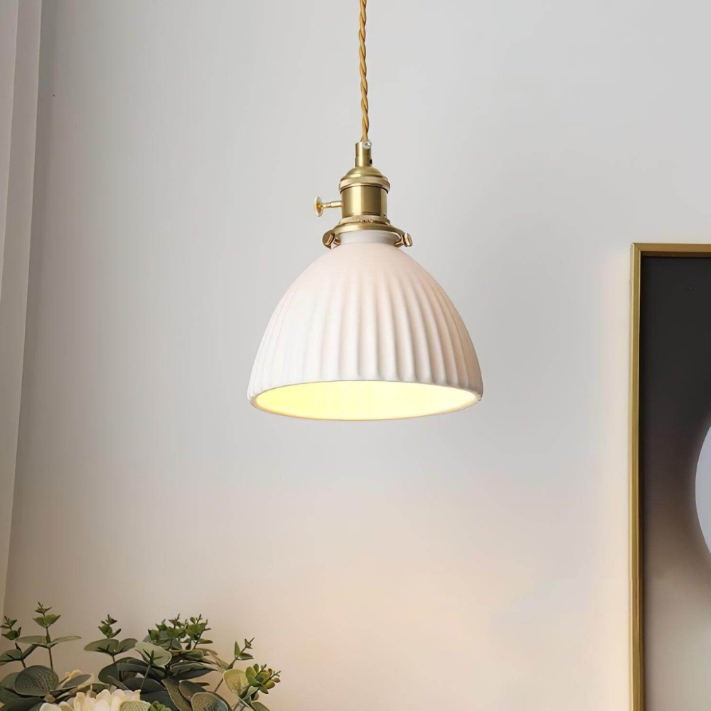 Ribbed Dome Hanging Lamp in White Ceramic - Scandinavian Style Decor