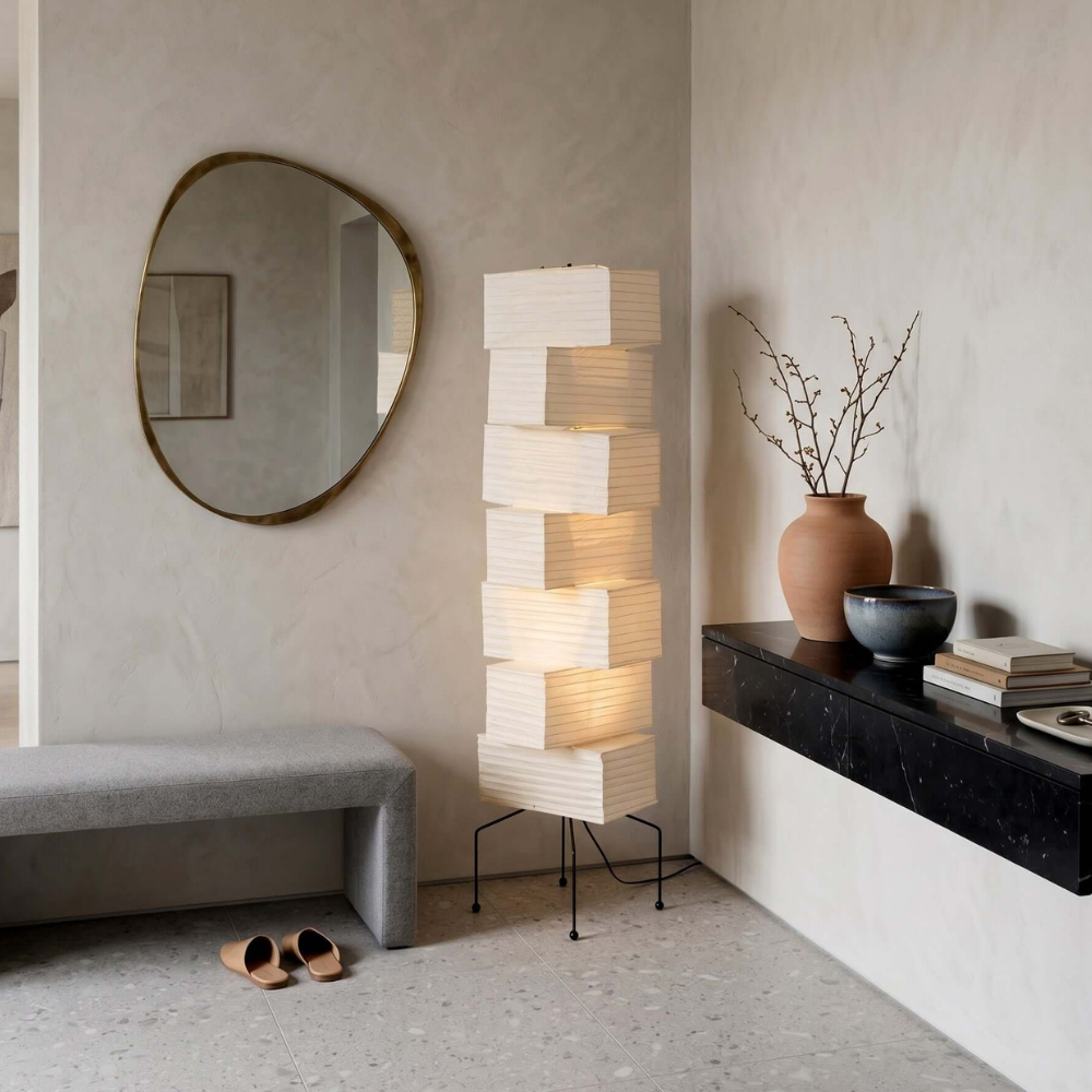 Floor Lamp with Stacked Staggered Rice Paper Lanterns and Metal Hairpin Legs